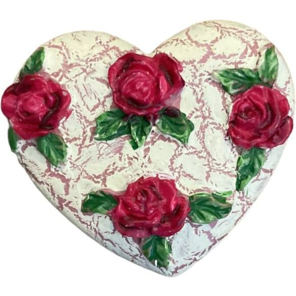 Heart-Shaped Pin With Red Roses Design & Lace-Like Pattern
